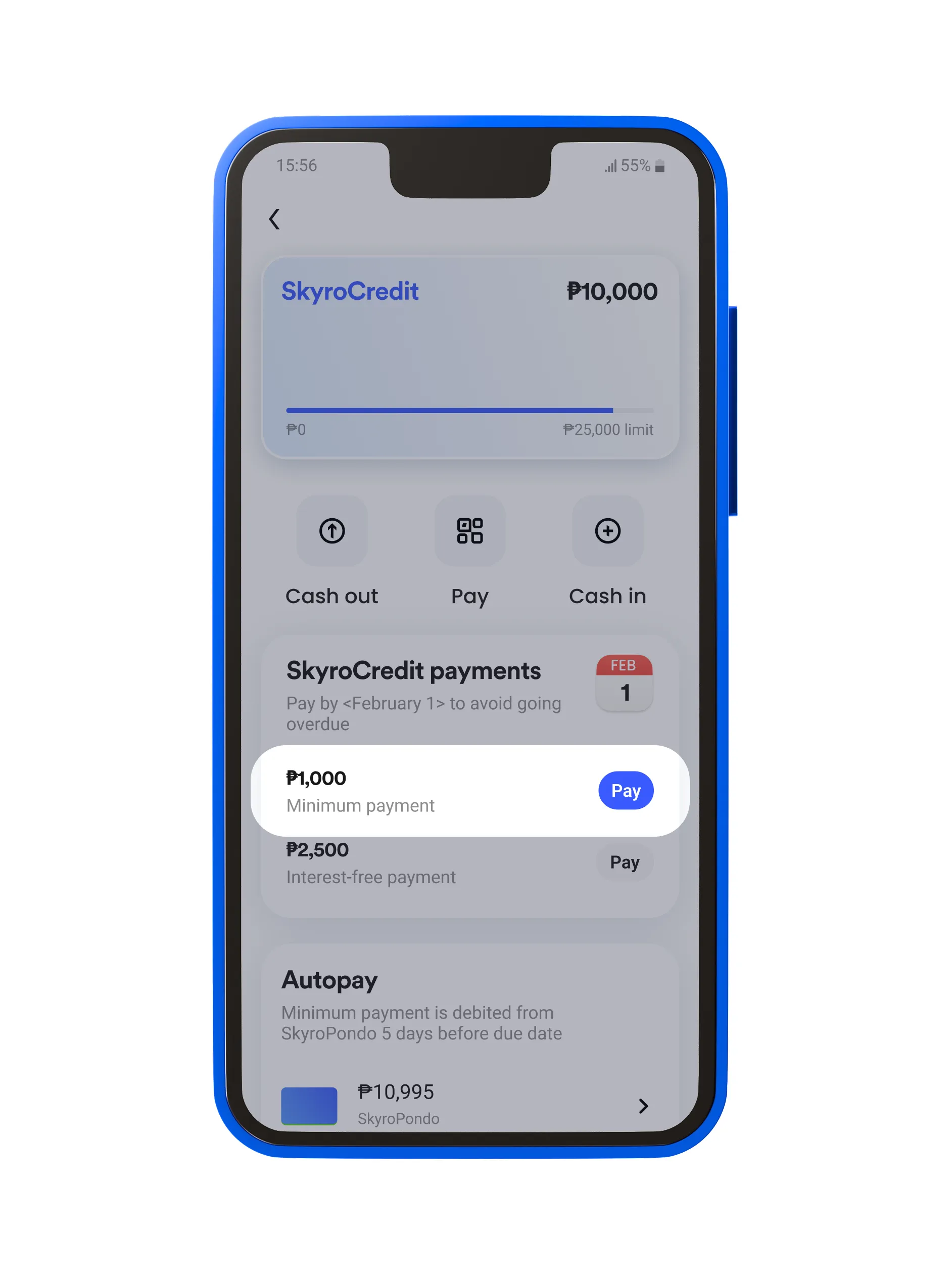 an image of a blue mobile phone with a screenshot of the app on the screen