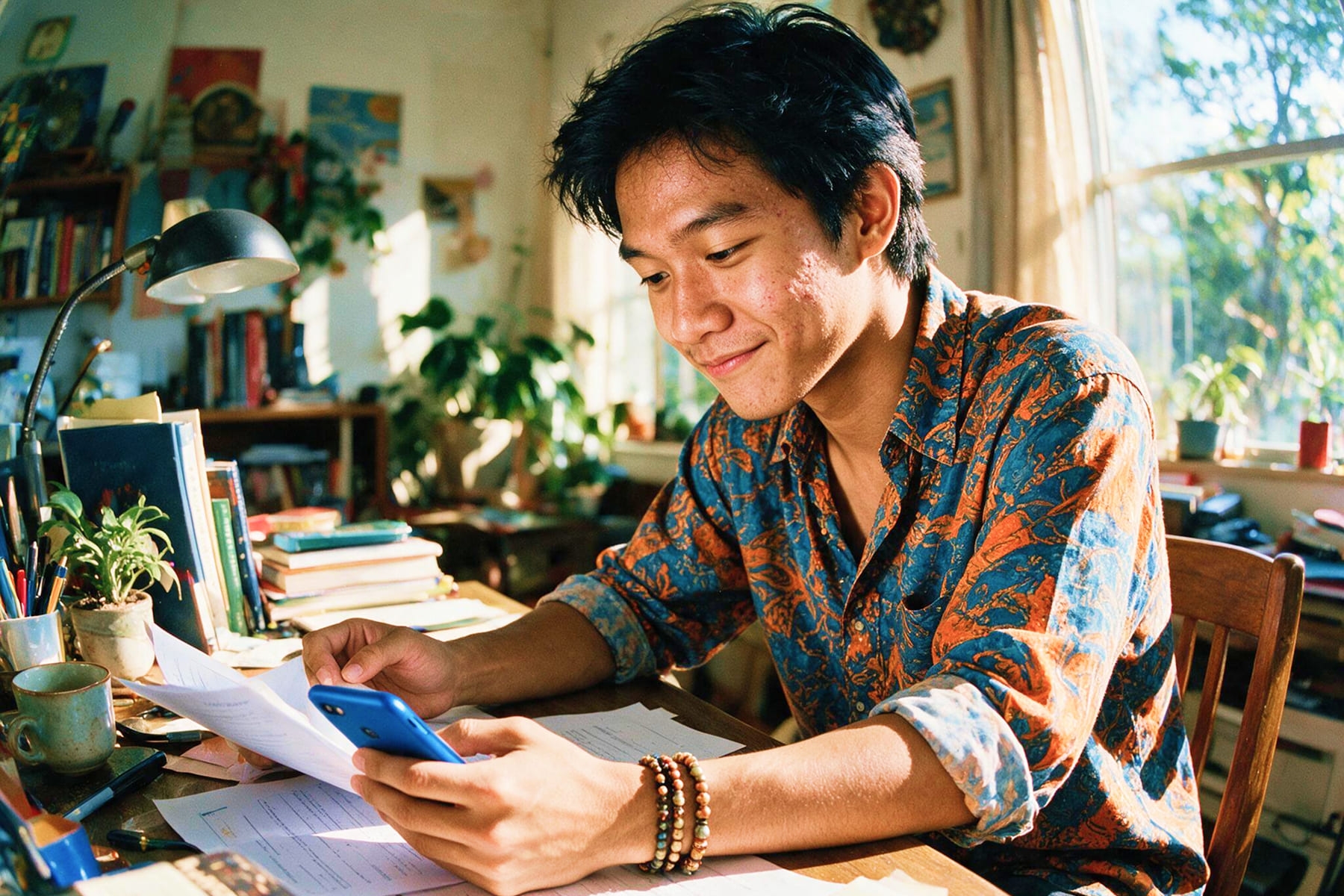 a young man sitting at a desk with papers, books, a calculator and a phone