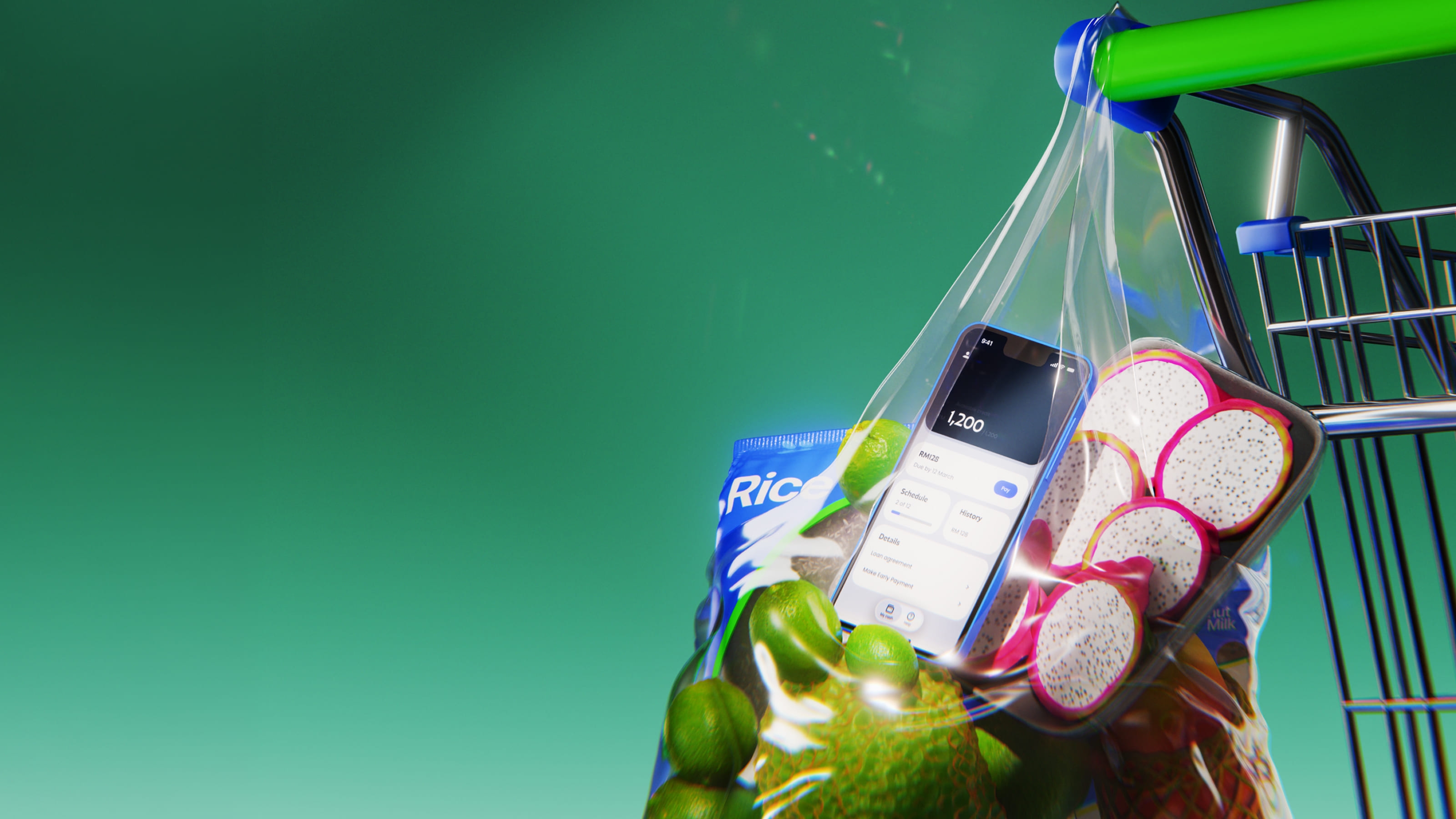 a shopping cart filled with fruits and a bag of groceries
