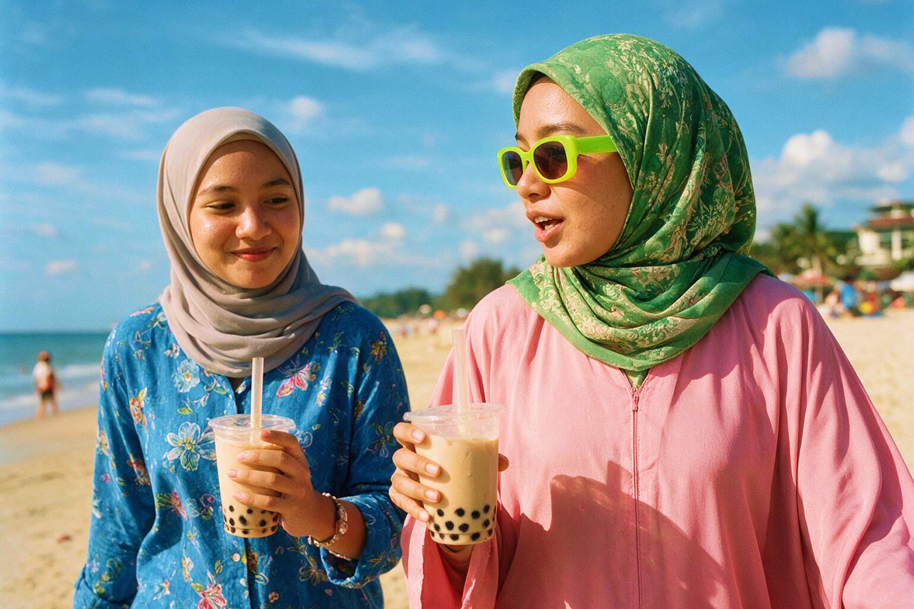 young women drinking on the beach