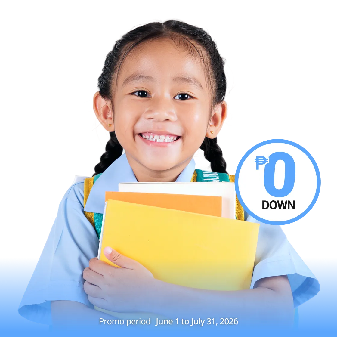 School girl holding textbooks with backpack, smiling