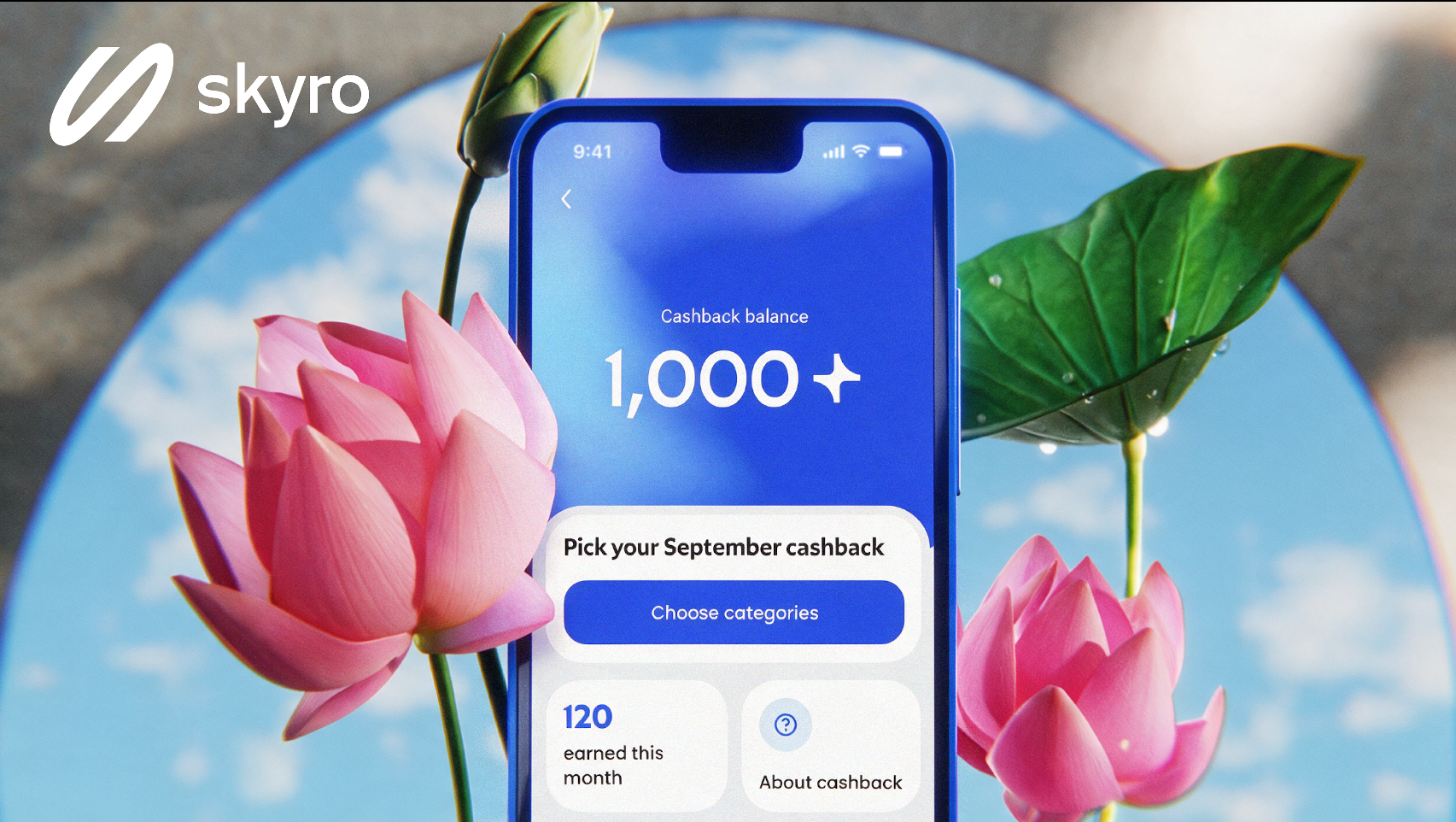 a blue smartphone with a picture of a flower on it