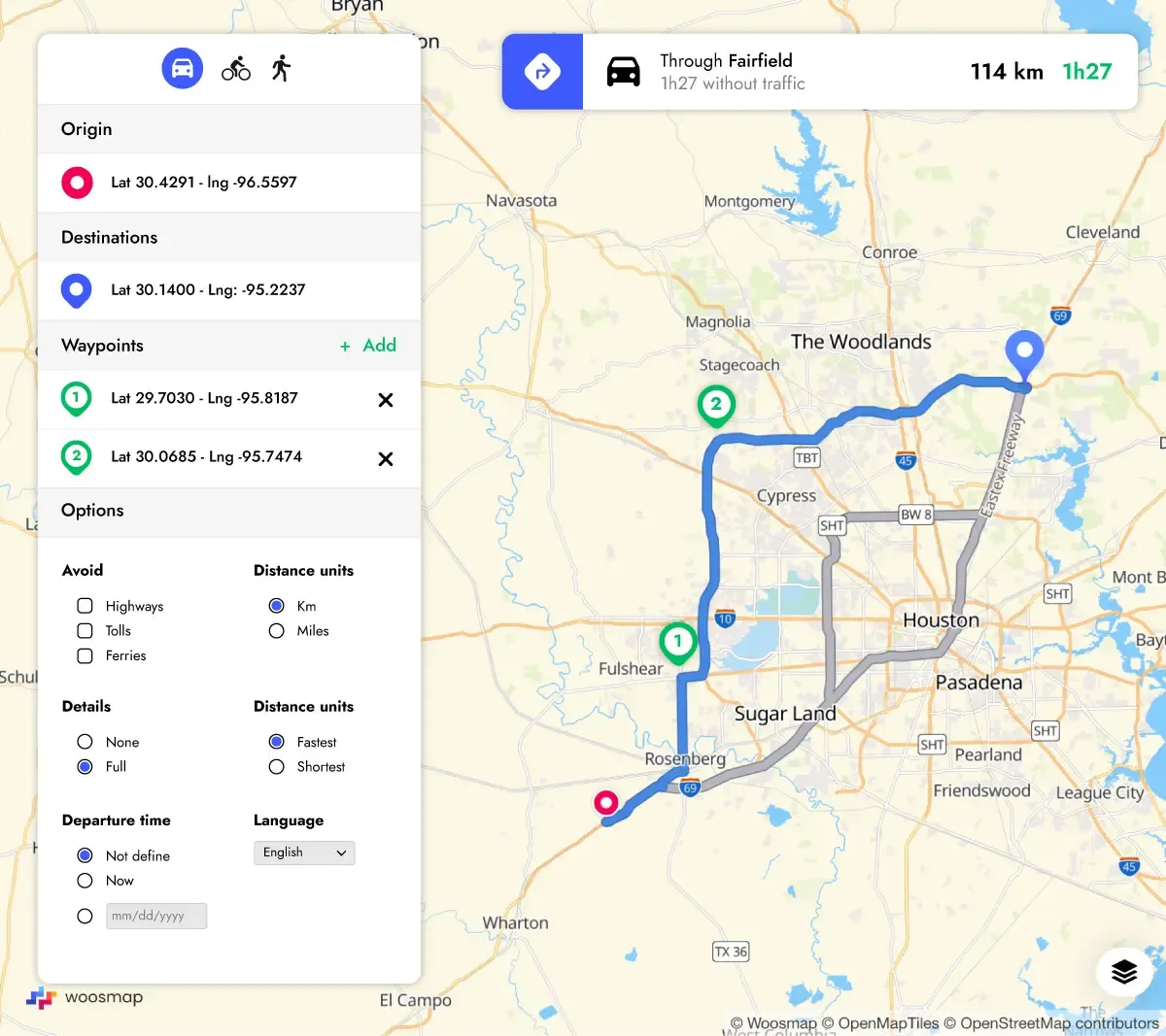 Route calculation capabilities between one origine and one destination