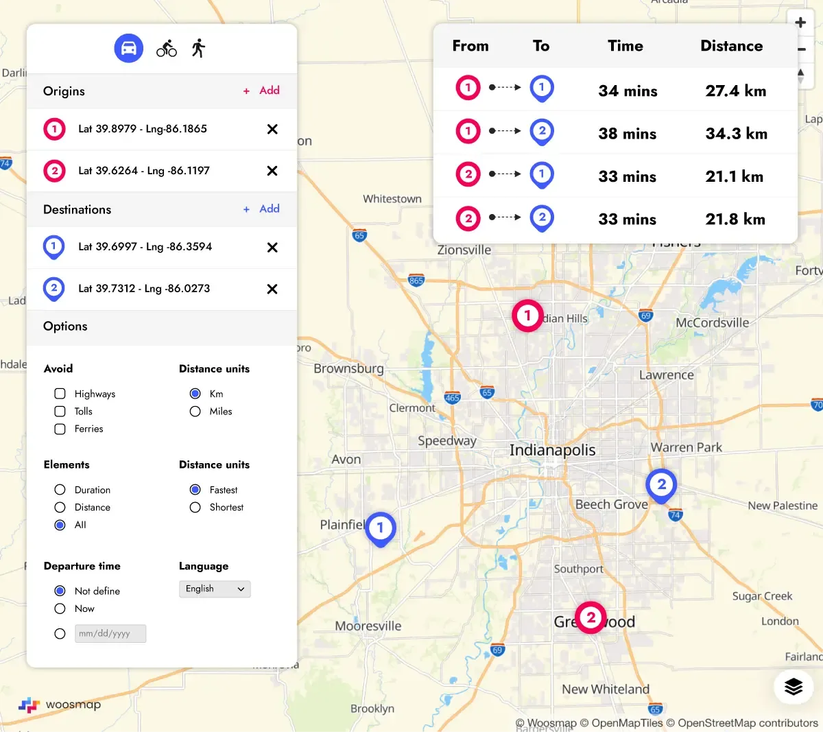 Distance Matrix capabilities for multiple origins and destination path calculation