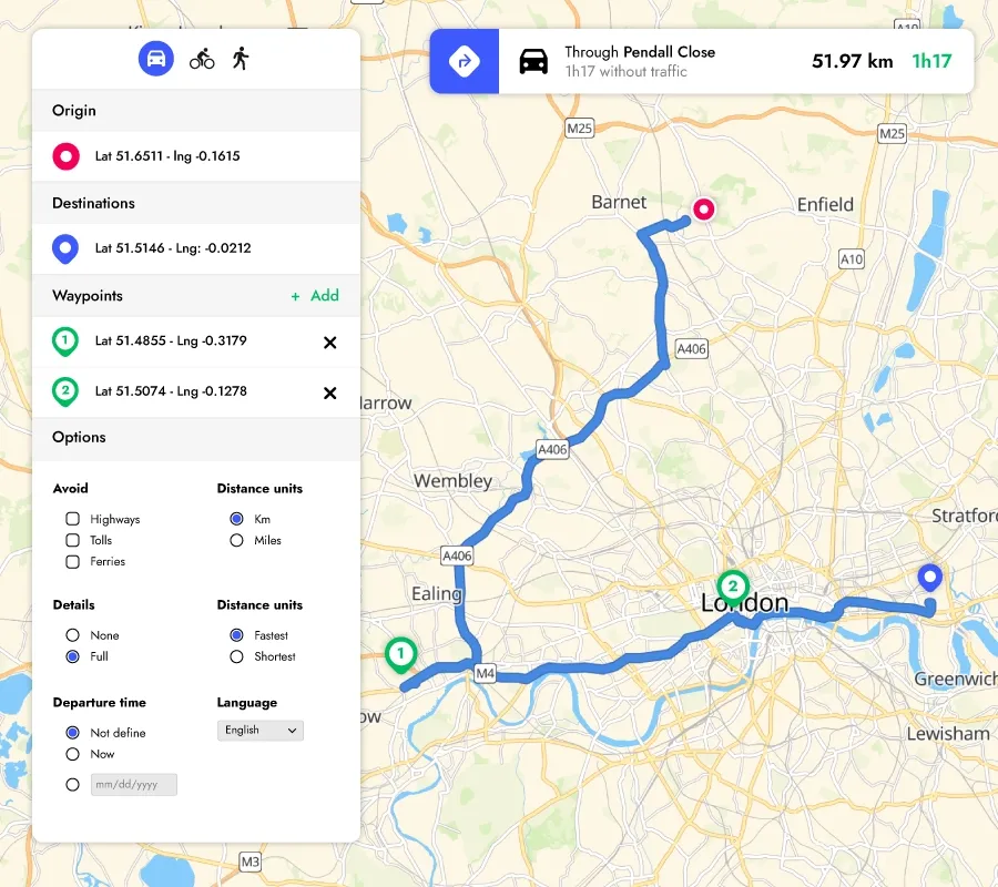 Route calculation capabilities between one origine and one destination