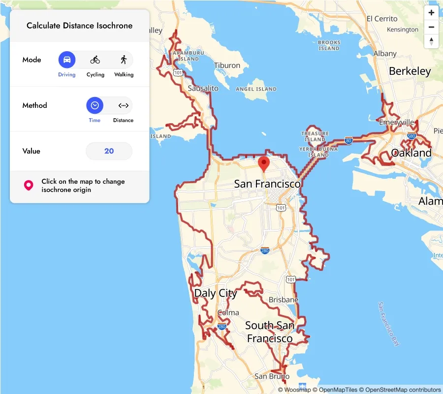 Isochrone calculation capabilities with Woosmap Distance API