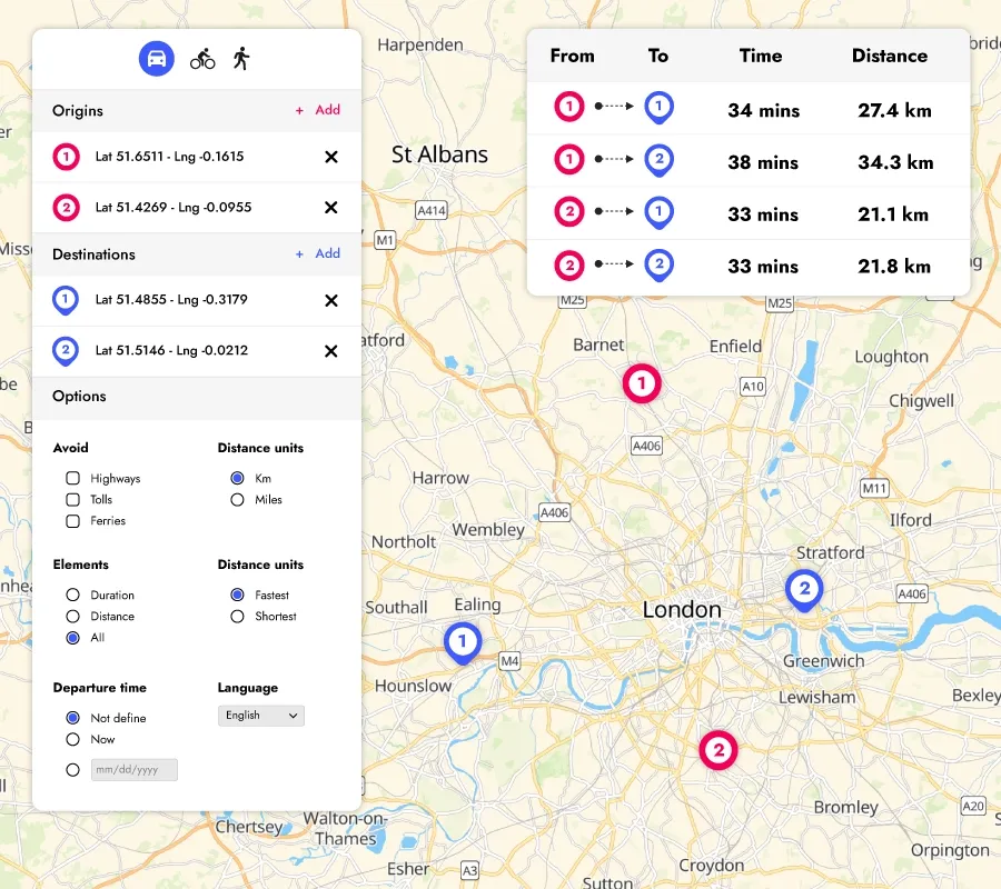 Distance Matrix capabilities for multiple origins and destination path calculation