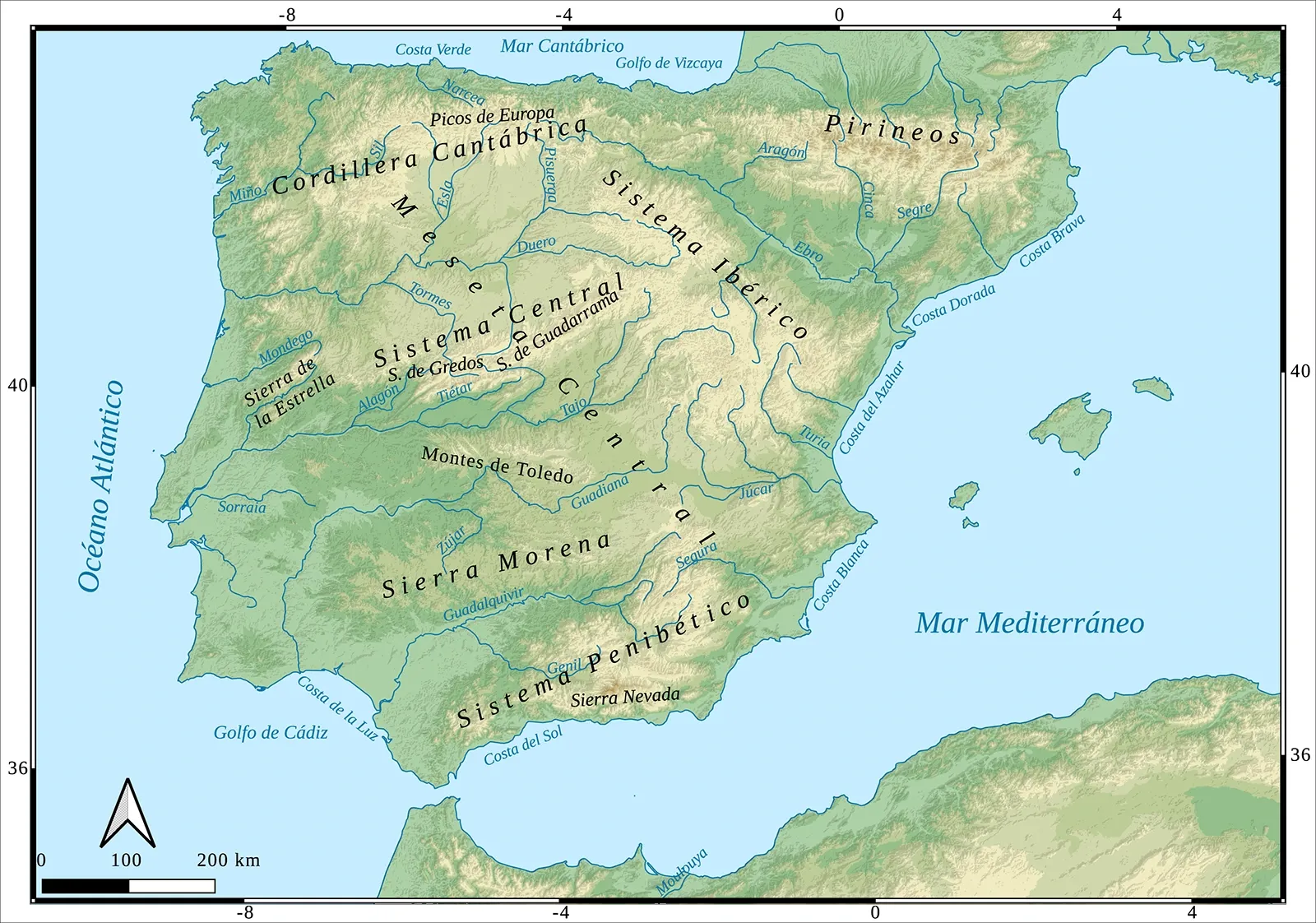 Topographic map of the Iberian Peninsula