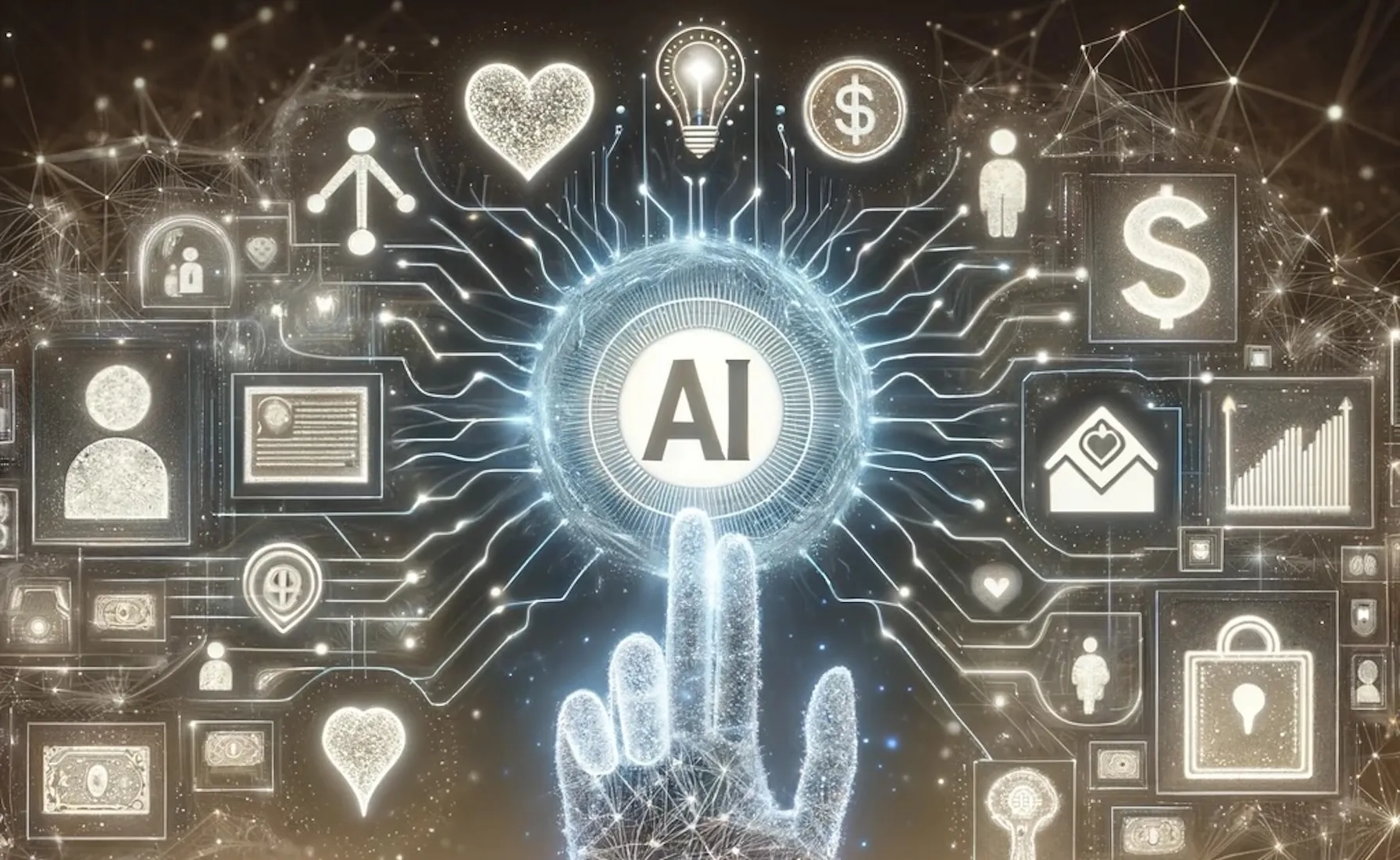 A hand reaches towards an AI symbol, surrounded by icons of finance, innovation, and security.