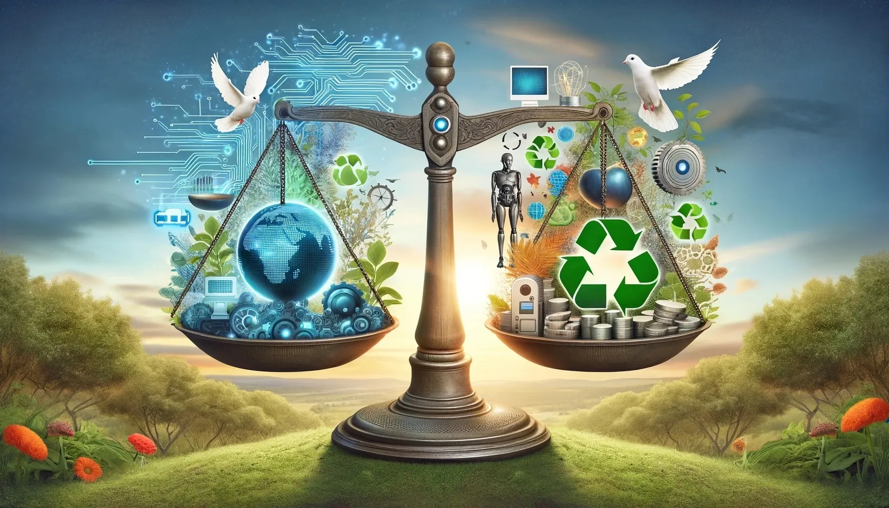 Balance scale comparing technology and nature, symbolizing the balance of innovation and ecology.