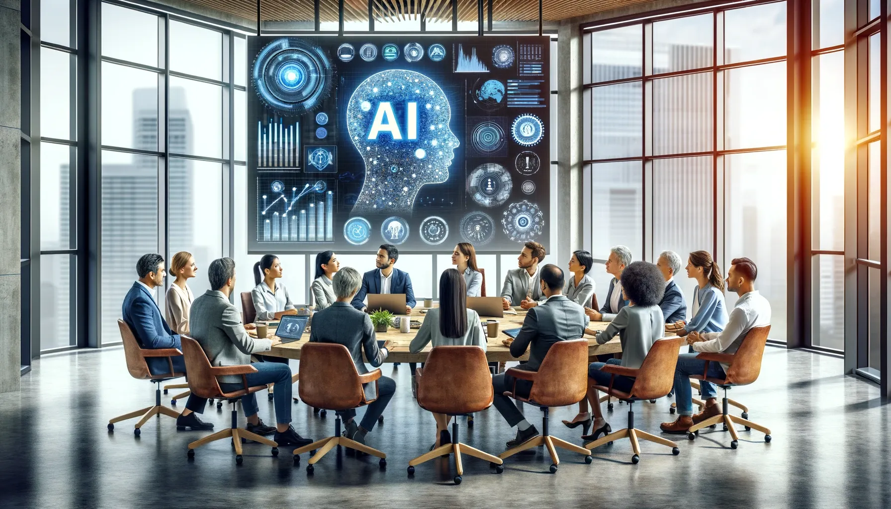A group of executives around a table in front of an AI dashboard