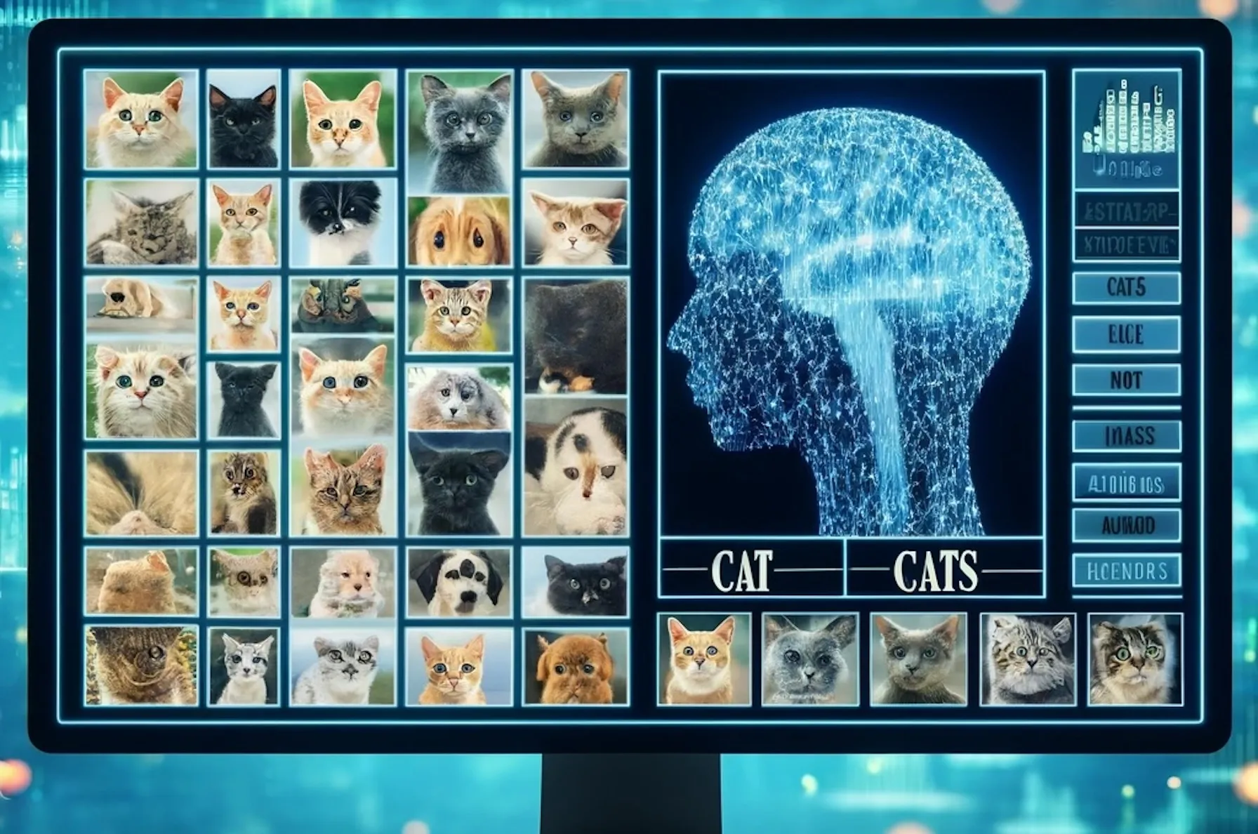 A digital display shows various cats next to a human profile with a brain network, indicating AI learning.