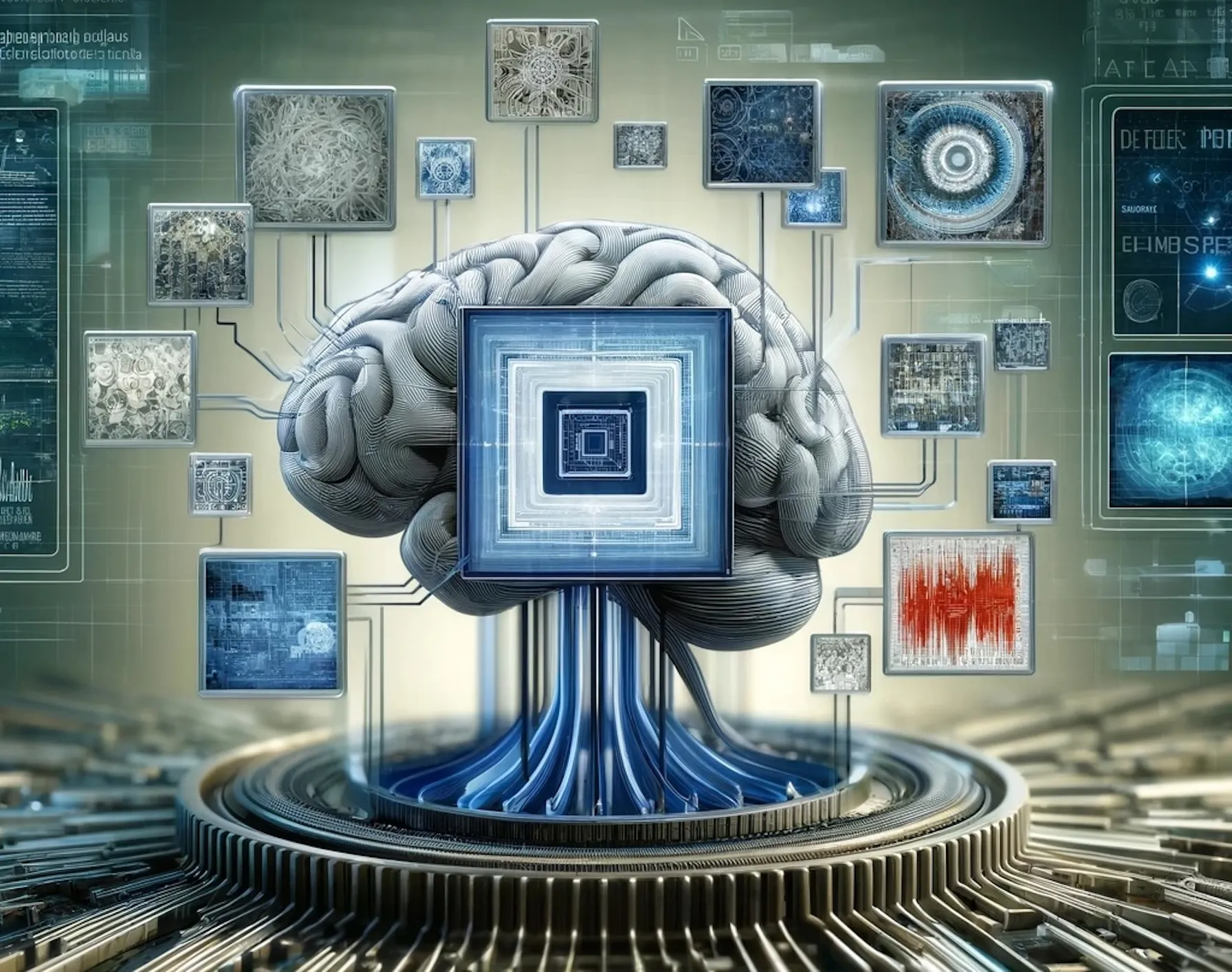 A stylized brain with data cables sits above a circuit board, surrounded by various analytical screens.