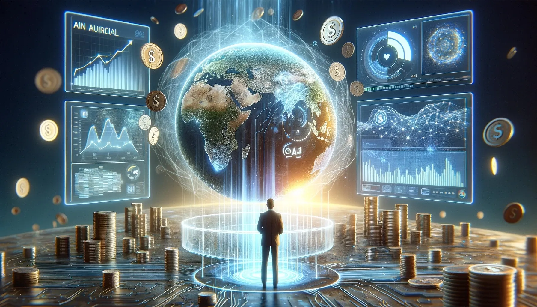 A person views holographic financial data and a globe, symbolizing AI's impact on fundraising and non-profits.