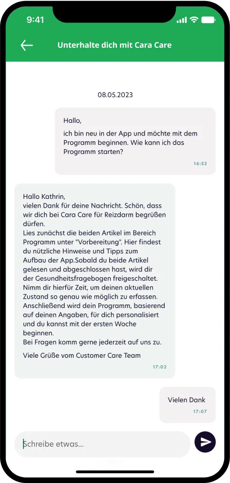 App-Vorschau Support-Bereich, in dem ein typischer Chatablauf abgebildet ist