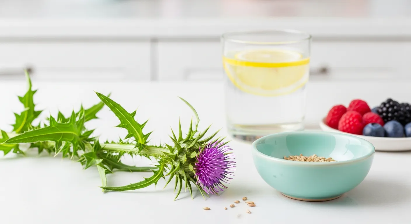 Mariendistel Pflanze liegt auf Tisch mit Lebensmitteln und Wasser