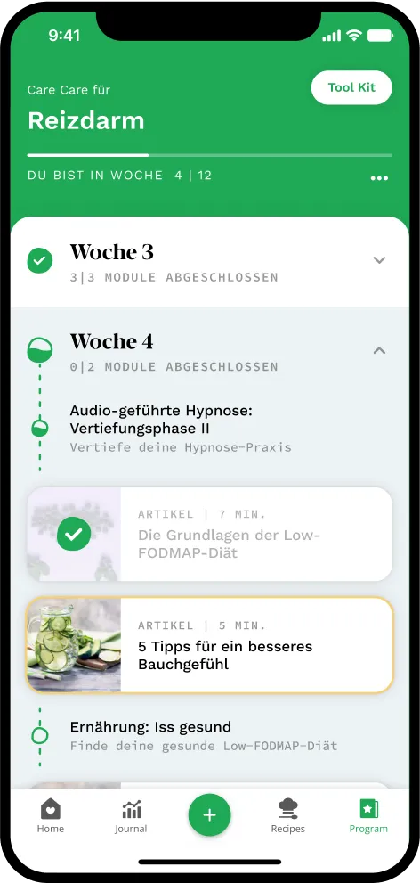 App-Vorschau vom Programmablauf, welches in Wochen unterteilt ist, den aktuellen Stand darstellt und unterschiedliche Inhalte anbietet