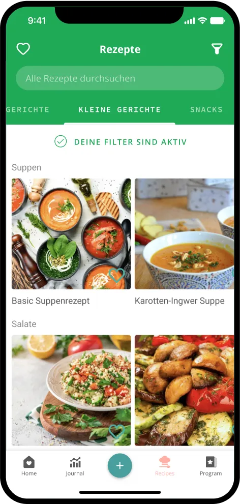 App-Vorschau vom Rezeptbereich, in dem eine mit Bildern bestückte Rezeptliste dargestellt ist
