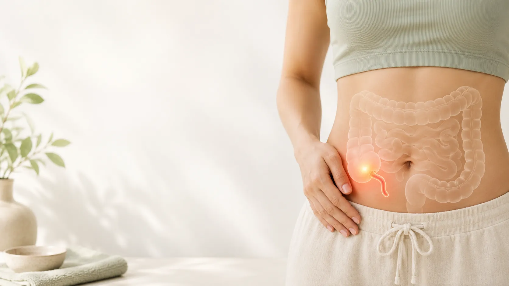 Headerbild zur Appendizitis mit anatomischer Darstellung des Darms und hervorgehobenem entzündetem Blinddarm im rechten Unterbauch