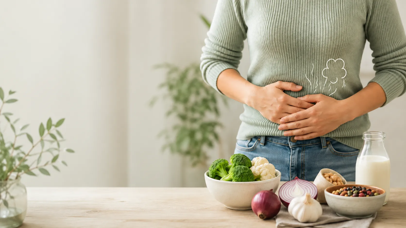 Header Bild Frau hält sich den Bauch wegen Bauchschmerzen und Blähungen