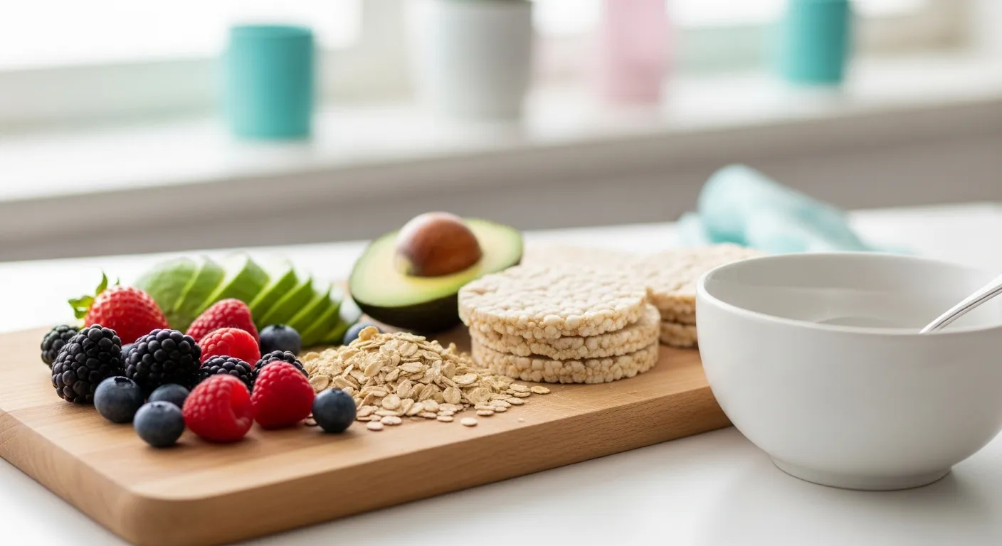 Glutenfreie Speisen auf einem Holzbrett mit Schale Frühstück