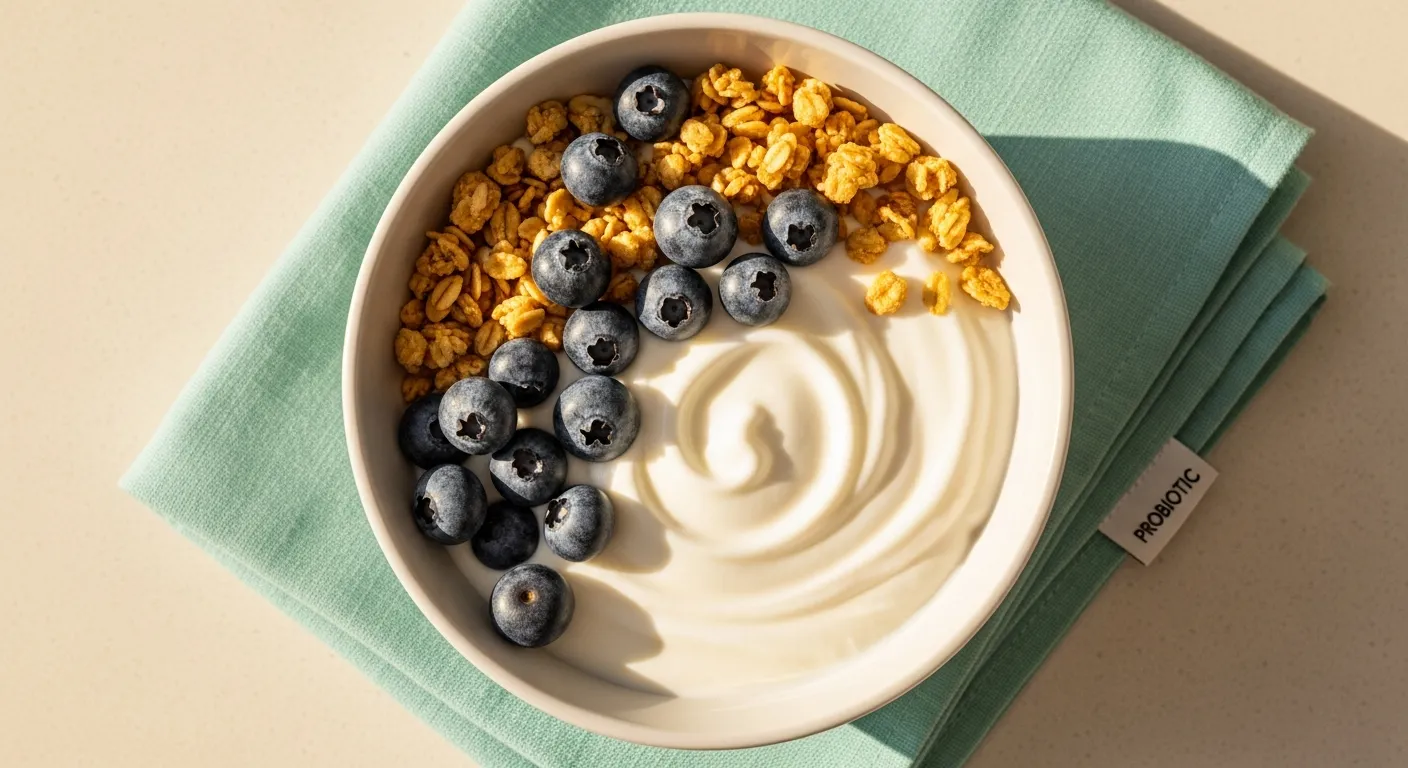 Bild eines Probiotischen Joghurts in einer Schale mit Obst und Müsli