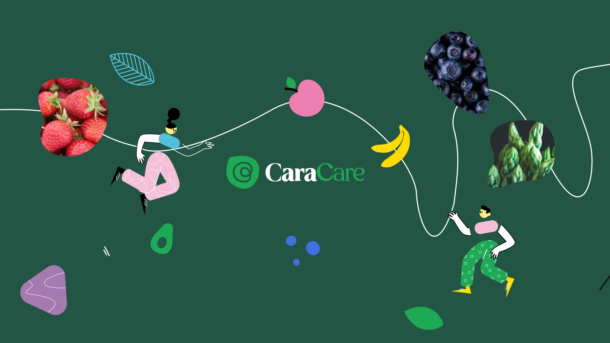 Cara-Care-Newsletter mit Illustrationen von Menschen, Erdbeeren, Blaubeeren, Spargel und weiteren Lebensmitteln für eine darmfreundliche Ernährung