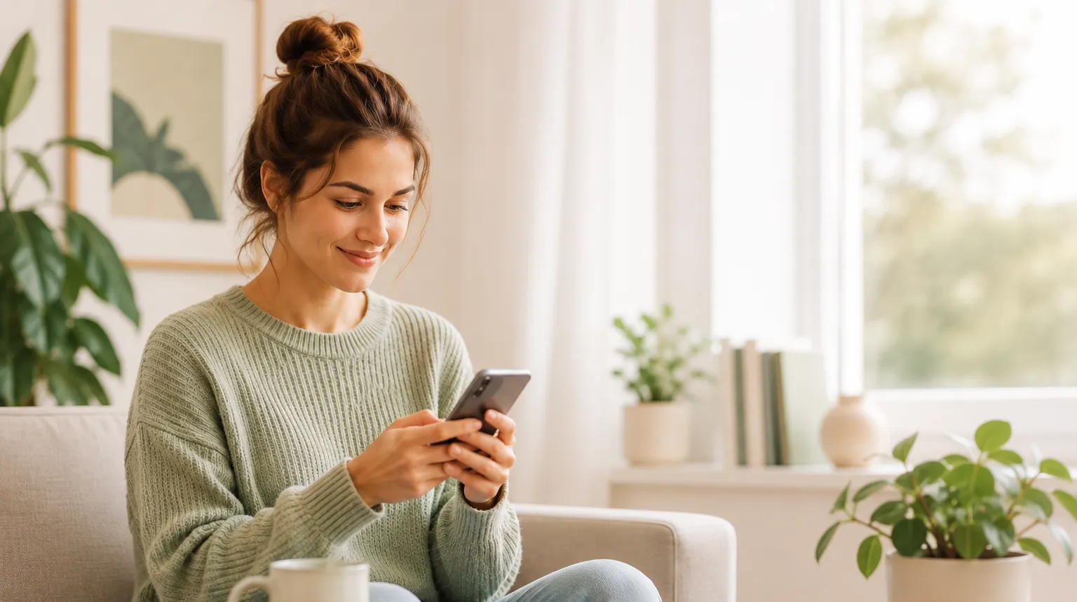 Frau sitzt mit ihrem Handy auf der Couch. Vor ihr eine Tasse Tee, ein Block, ein Stift und eine Pflanze.