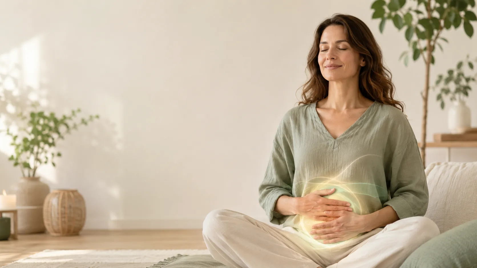 Frau die Bauchhypnose durchführt Meditation