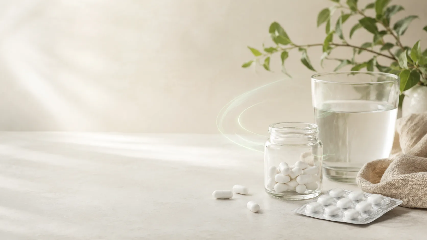 Helles Headerbild mit weißen Loperamid-Tabletten, einem Glas Wasser und grünen Pflanzen vor einem ruhigen, natürlichen Hintergrund.
