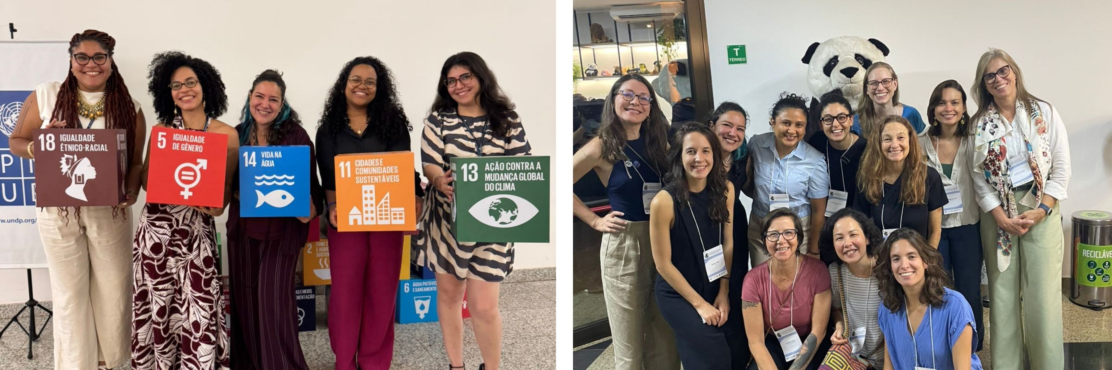 [left]: SOA youth and other delegates at the Pre-COP UN Brazil event engaging with COP Presidency, government, and civil society; [right]: Women’s League for the Ocean at the Pre-COP “Accelerating Solutions Based on the Ocean” workshop, representing Brazilian ocean organizations, including SOA Brasil.