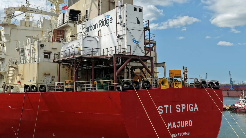Carbon Ridge’s carbon capture equipment installed on Scorpio Tankers’ vessel STI SPIGA, marking the start of its first sea trials. (Photo credits: Carbon Ridge)