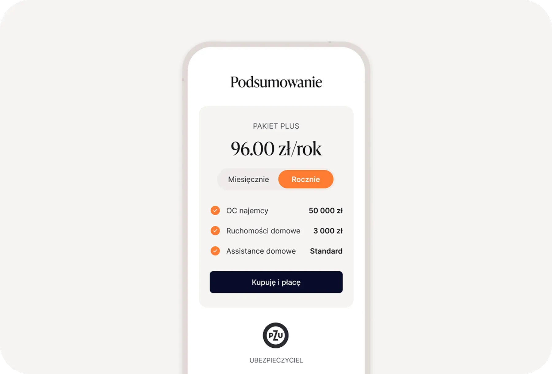 Ekran podsumowania zakupu pakietu Plus ubezpieczenia najemcy w simpl.rent – 96 zł rocznie przez PZU