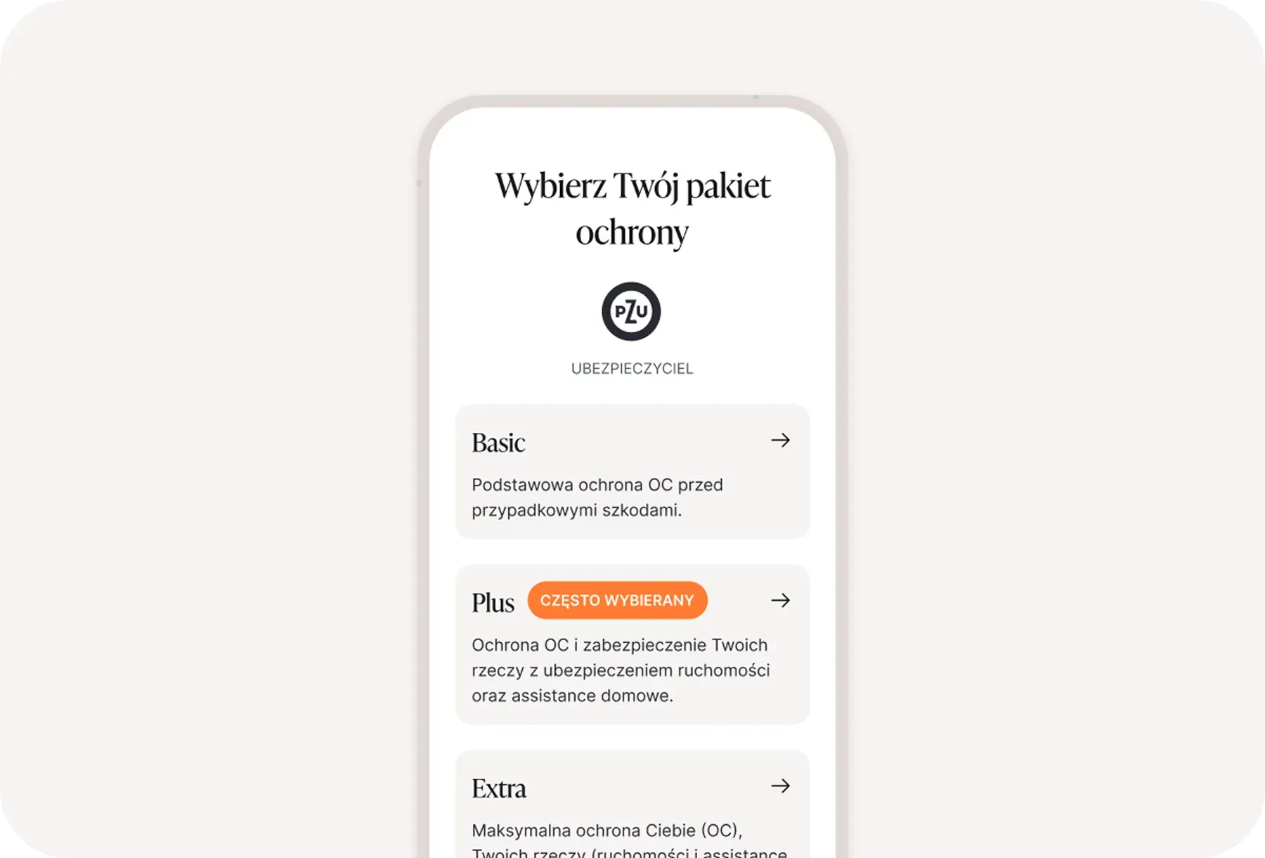Ekran aplikacji mobilnej simpl.rent z wyborem pakietu ubezpieczenia najemcy – Basic, Plus i Extra