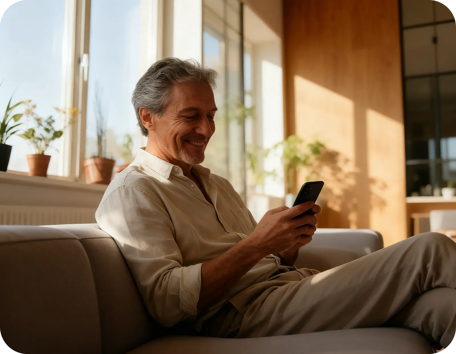 An older apartment landlord using a smartphone in the living room