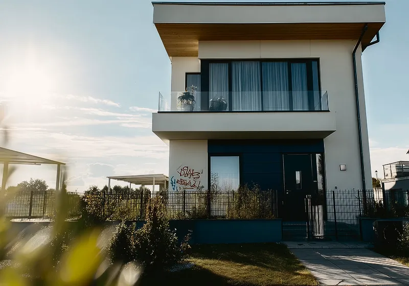 Budynek mieszkalny z graffiti wymagający naprawy elewacji.
