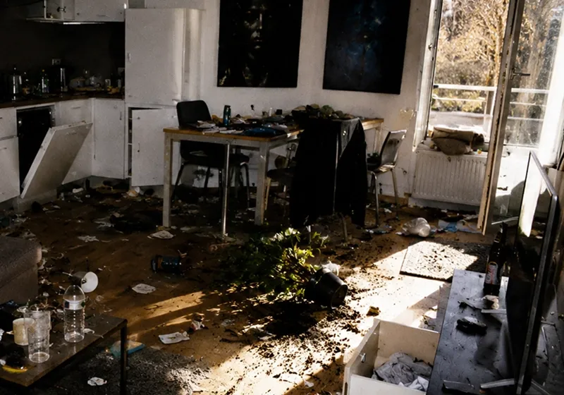 Jasny salon z dużymi oknami przedstawiający przykład uszkodzonego mieszkania po najmie.