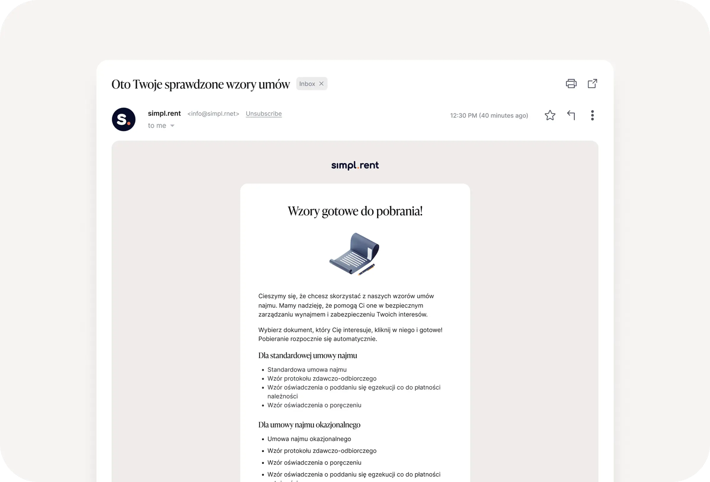 Ekran klienta pocztowego z wiadomością „Wzory gotowe do pobrania!" zawierającą opis umów najmu i najmu okazjonalnego