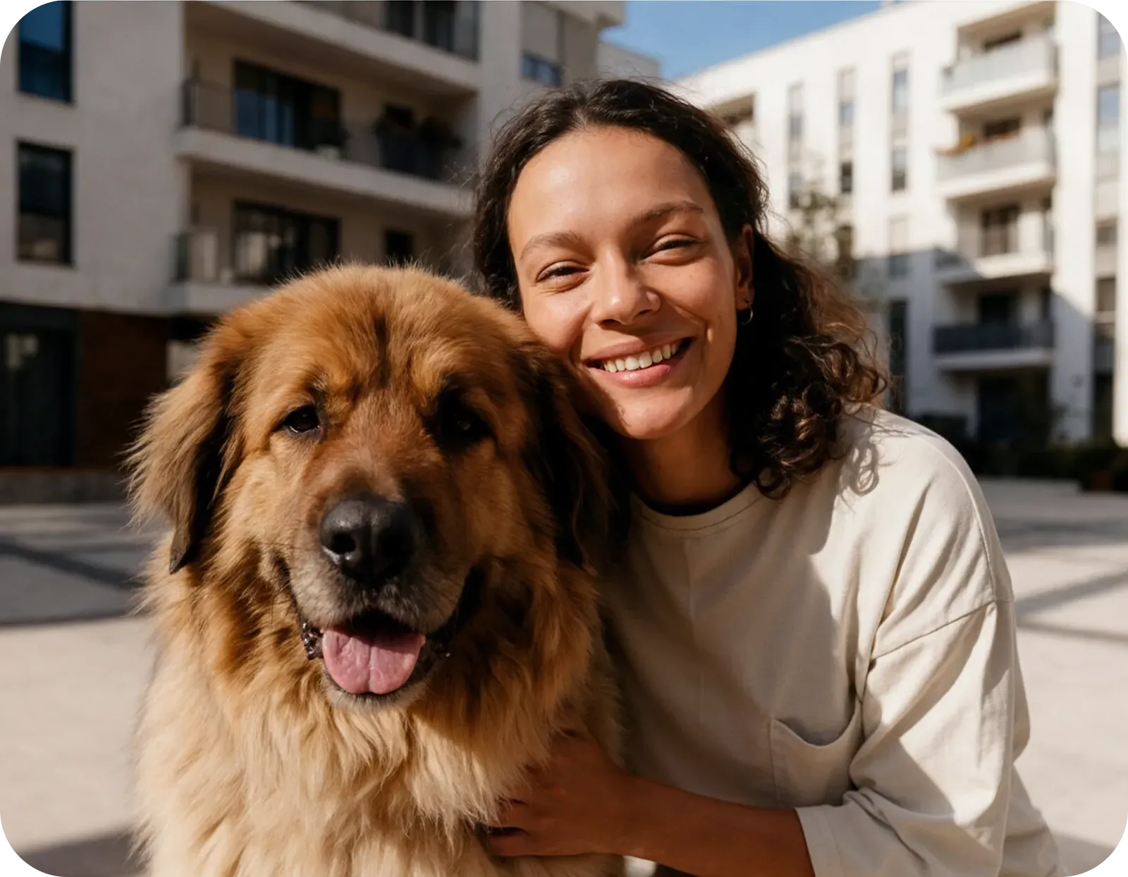 A female tenant hugging a dog against the backdrop of a modern housing estate