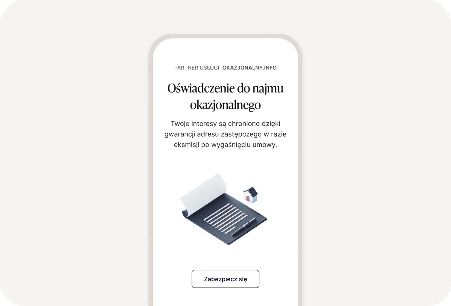 Ekran aplikacji mobilnej z oświadczeniem do najmu okazjonalnego – usługa gwarancji adresu zastępczego od simpl.rent we współpracy z okazjonalny.info