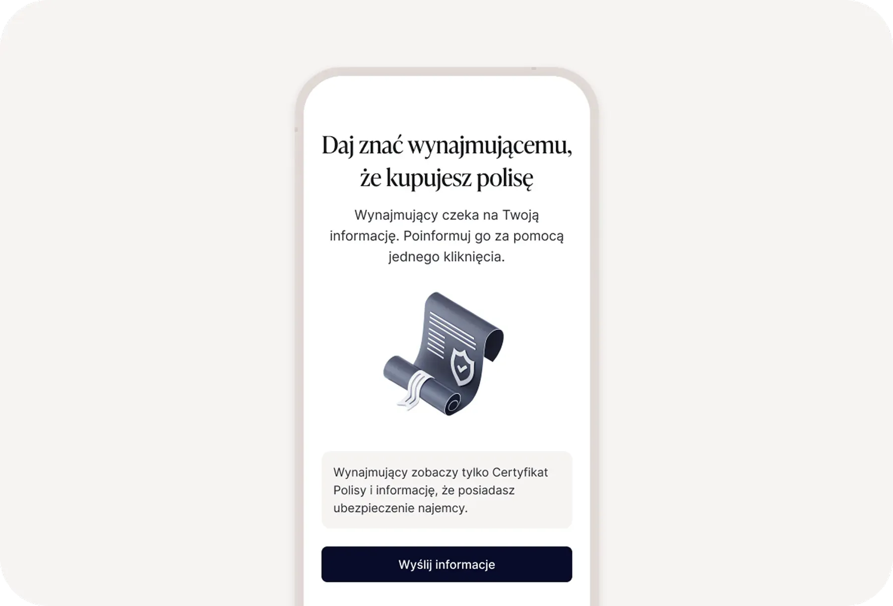 Ekran aplikacji mobilnej simpl.rent z potwierdzeniem zakupu polisy ubezpieczeniowej dla najemcy