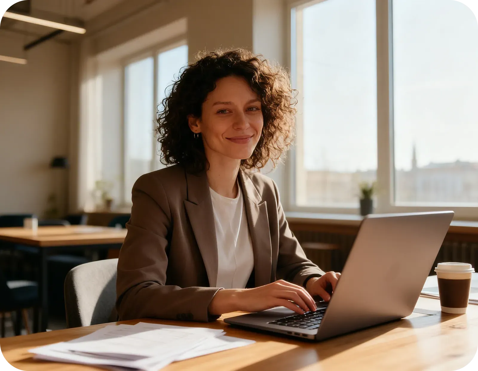 A woman working at a laptop in a modern office
